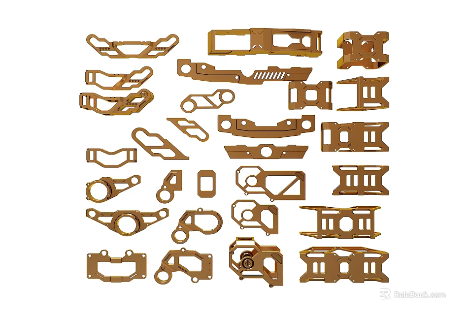 Golden Metal Parts With Various Shapes For Mechanical Model Assembly 3d model 