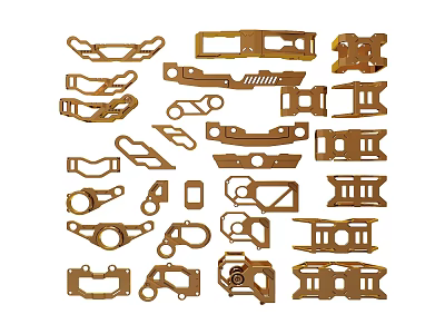 Golden Metal Parts With Various Shapes For Mechanical Model Assembly 3d model