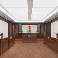 Modern Courtroom Interior With Wooden Judge Bench Counsel Tables And Blue Seats