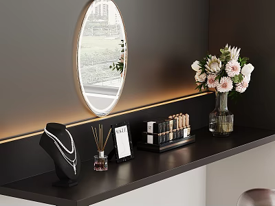 Modern Dark Dressing Table With Oval Mirror Perfume Jewelry Cosmetics And Flower Vase 3d model