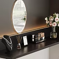 Modern Dark Dressing Table With Oval Mirror Perfume Jewelry Cosmetics And Flower Vase