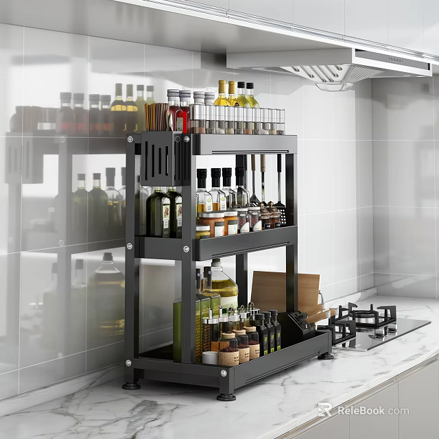 Modern Kitchen Storage Rack With Spice Bottles And Oil Containers In White Tile Kitchen 3d model 