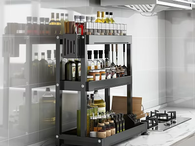 Modern Kitchen Storage Rack With Spice Bottles And Oil Containers In White Tile Kitchen 3d model