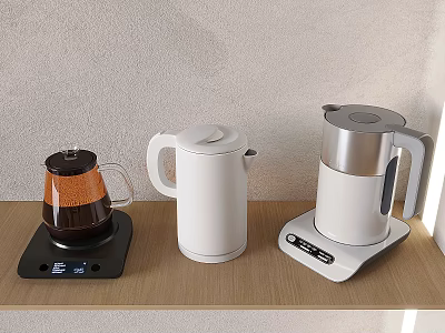 Black White Kitchen Appliances Coffee Maker Electric Kettle With Control Panel On Wooden Countertop 3d model