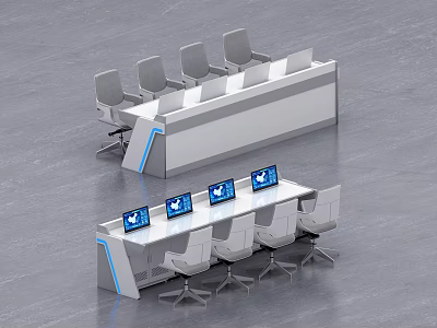 Modern Control Console Setup With Multiple Display Monitors And Gray Chairs 3d model