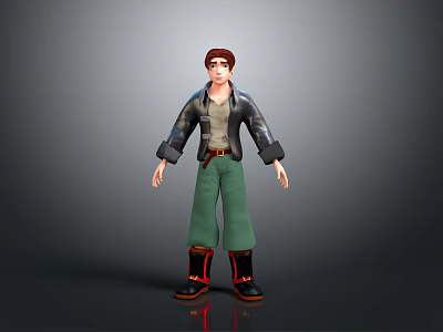 Man With Brown Hair Wearing Black Leather Jacket Gray T-shirt Green Pants And Black Boots 3d model