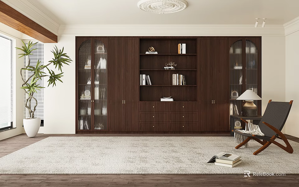 Modern Dark Wood Bookcase With Curved Glass Doors And Open Shelves For Books 3d model 