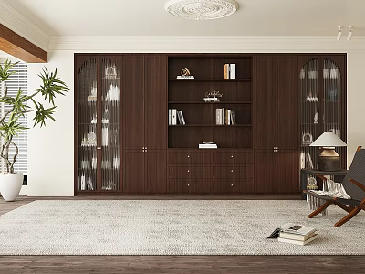 Modern Dark Wood Bookcase With Curved Glass Doors And Open Shelves For Books 3d model
