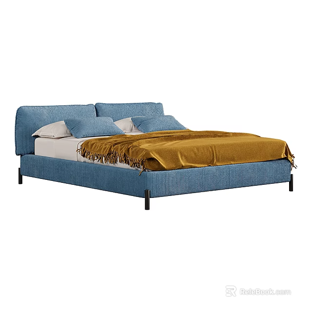 Blue Upholstered Double Bed With Tufted Headboard White Pillows And Yellow Blanket 3d model 