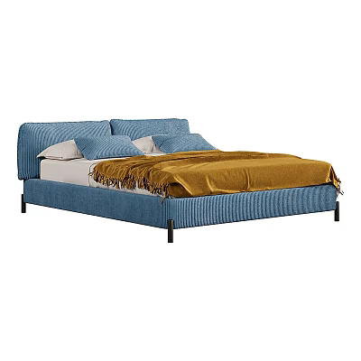 Blue Upholstered Double Bed With Tufted Headboard White Pillows And Yellow Blanket 3d model