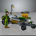 Cartoon Character In Green Outfit With Hat Standing Next To Yellow Green Mechanical Vehicle