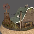 Traditional Farm Barn With Red Silo Windmill And Hay Bales Tractor