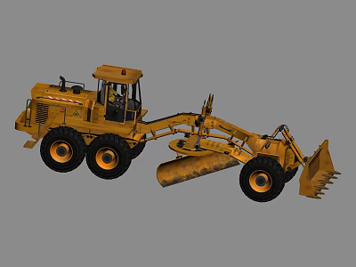 Yellow Heavy Duty Functional Vehicle Grader With Cab Large Tires Front Blade And Rear Roller 3d model