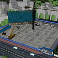 Active Construction Site Featuring Blue Safety Netting Tower Crane And Machinery In Urban Setting