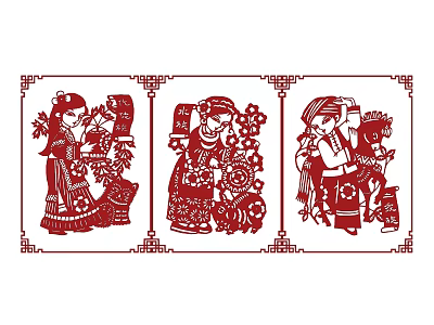 Traditional Chinese Paper Cut Art Red Color Three Figures In Traditional Costumes With Decorative Borders 3d model