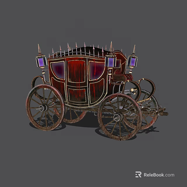 Vintage Red Carriage With Spiked Top Gold Accents Purple Glass Windows And Wooden Wheels 3d model 