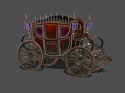 Vintage Red Carriage With Spiked Top Gold Accents Purple Glass Windows And Wooden Wheels 3d model