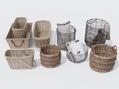 Woven Rattan And Metal Storage Baskets With Handles For Home Organization 3d model