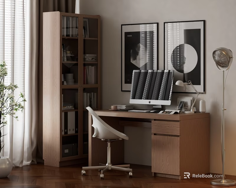 Modern Wooden Desk With White Chair Bookshelf Computer Monitor And Wall Art 3d model 