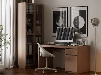 Modern Wooden Desk With White Chair Bookshelf Computer Monitor And Wall Art 3d model