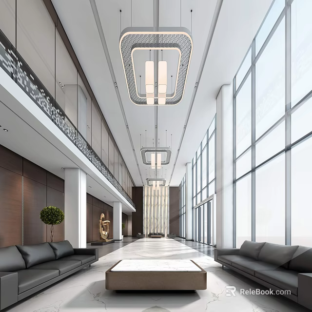 Modern Lobby Interior With Reception Desk Large Windows Chandeliers And Leather Sofas 3d model