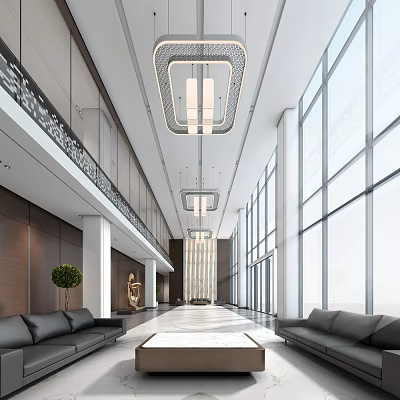 Modern Lobby Interior With Reception Desk Large Windows Chandeliers And Leather Sofas 3d model