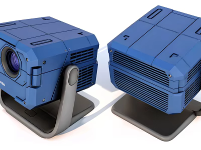 Two Blue Square Projectors Featuring Stand Mount And Ventilation Grilles 3d model