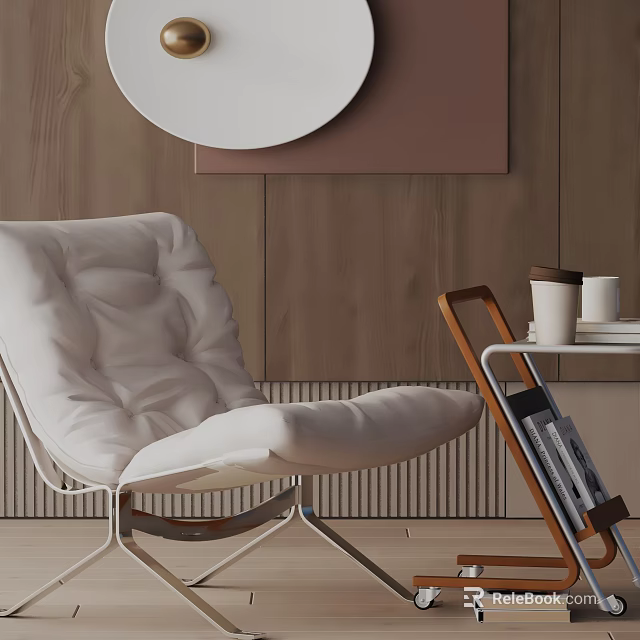 Modern White Padded Leisure Chair With Metal Frame Against Wooden Wall And Round Decor 3d model 