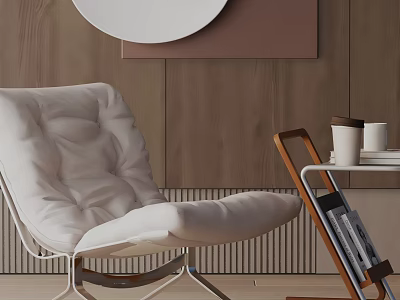 Modern White Padded Leisure Chair With Metal Frame Against Wooden Wall And Round Decor 3d model