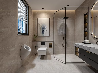 Modern Bathroom Interior With Gray Tile Walls Glass Shower Enclosure Marble Vanity And Decorative Artwork 3d model