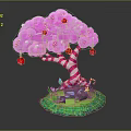 Pink Cartoon Tree With Fluffy Leaves Red Ornaments Striped Candy Cane Trunk And Green Grass