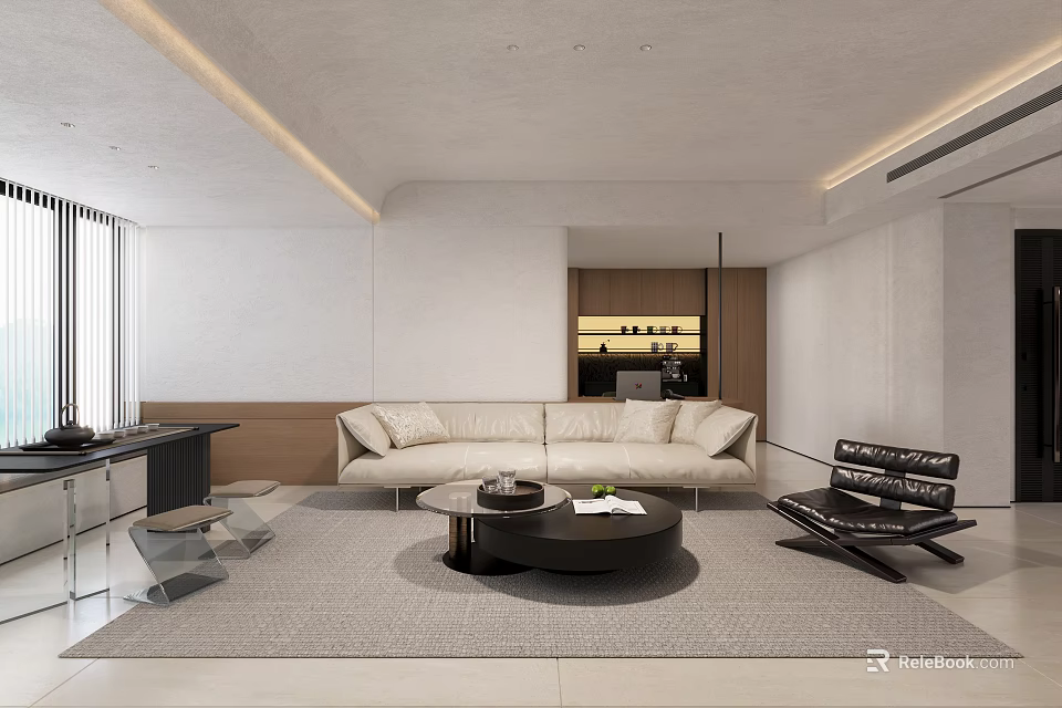 Modern Living and Dining Room Interior with Sofa Coffee Table and Lighting 3d model 