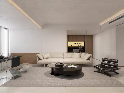 Modern Living and Dining Room Interior with Sofa Coffee Table and Lighting 3d model