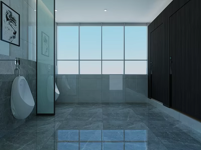 Modern Public Restroom Interior With Urinal Cubicles Large Windows And Marble Floor 3d model