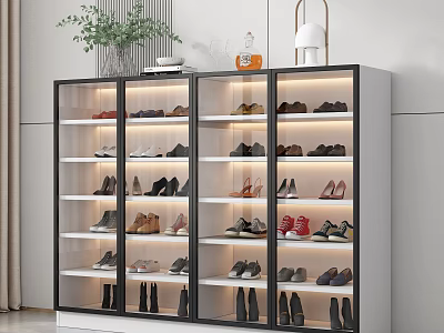 Modern Shoe Cabinet with Glass Doors Multiple Shelves Interior Lighting and Top Decorations 3d model
