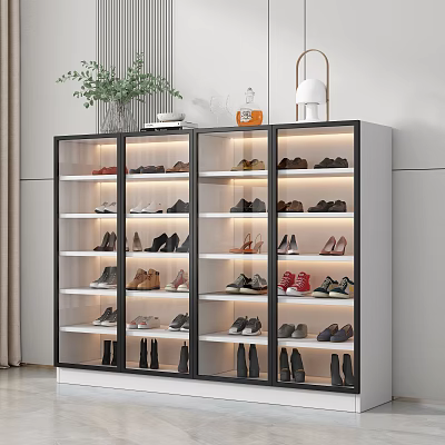 Modern Shoe Cabinet with Glass Doors Multiple Shelves Interior Lighting and Top Decorations 3d model