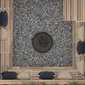 Outdoor Sofa With Cushions Wooden Frame Fire Pit Gravel Floor And Green Plants