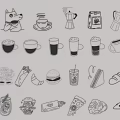 Hand Drawn Food And Drink Icons Wall Decor With Line Art Style On Black Background
