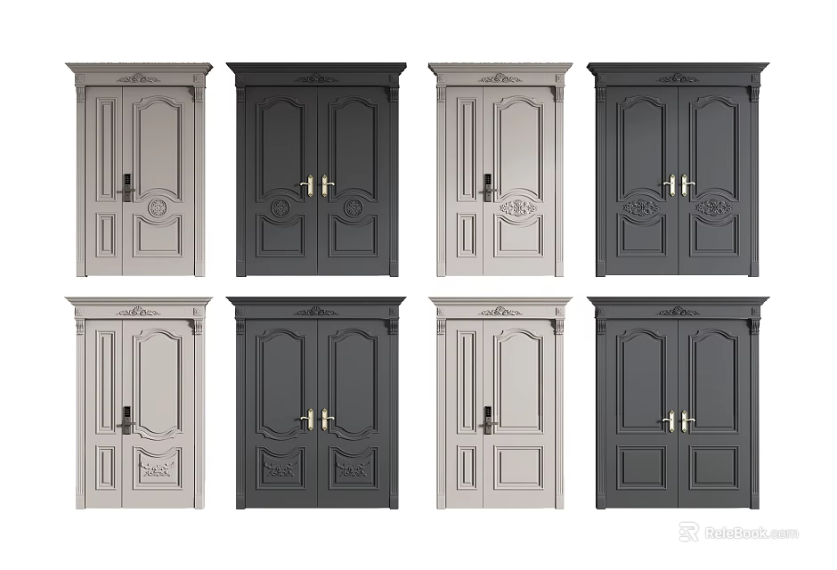 Various Security Doors In Gray Tones With Different Panel Designs And Metal Handles 3d model