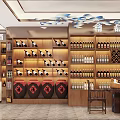 Chinese Style Liquor Store Interior With Wooden Wine Racks And Red Wine