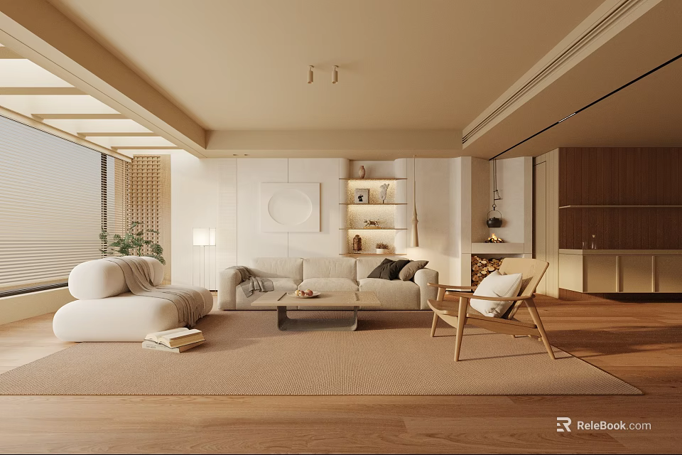 Modern Neutral Living Room With Beige Sofa Armchair Wooden Floor Large Windows And Bookshelf 3d model 