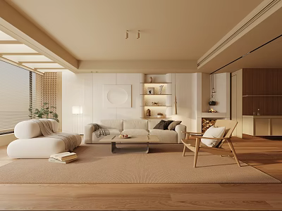 Modern Neutral Living Room With Beige Sofa Armchair Wooden Floor Large Windows And Bookshelf 3d model