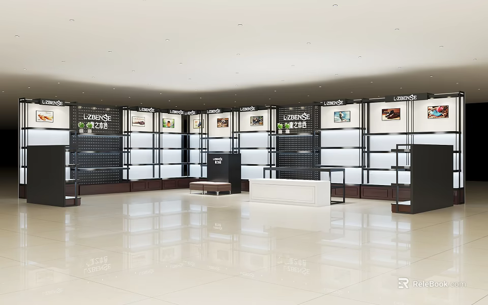 Modern Shoe Cabinet Display in Bright Showroom With Glass Shelves And Open Layout 3d model 