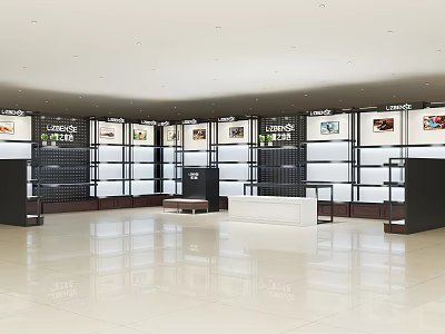 Modern Shoe Cabinet Display in Bright Showroom With Glass Shelves And Open Layout 3d model