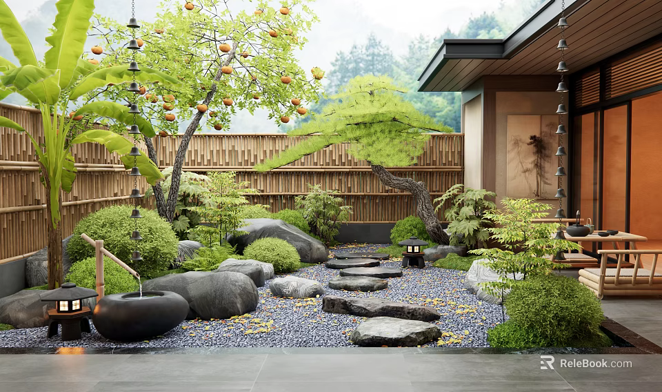 Japanese Courtyard Garden With Bamboo Fence Stepping Stones Pebbles And Lush Greenery 3d model 