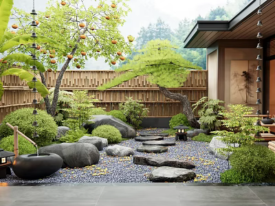 Japanese Courtyard Garden With Bamboo Fence Stepping Stones Pebbles And Lush Greenery 3d model