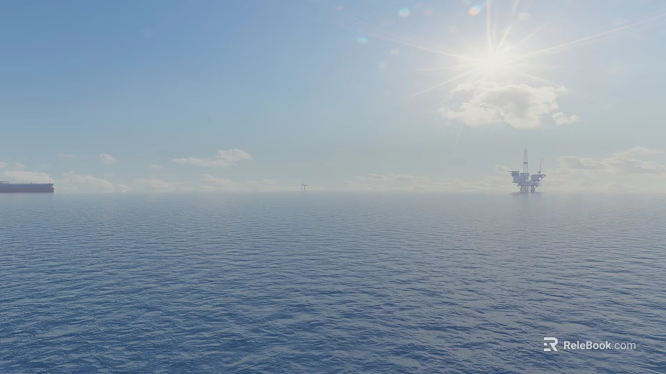 Beautiful Bright Sunny Seascape With Calm Blue Ocean Clear Sky And Distant Offshore Oil Platforms 3d model 