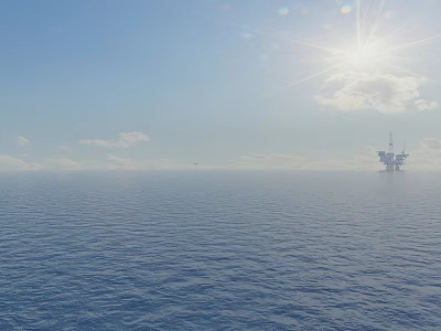 Beautiful Bright Sunny Seascape With Calm Blue Ocean Clear Sky And Distant Offshore Oil Platforms 3d model