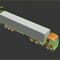 Orange Cab Truck With Long White Trailer And Multiple Wheels On Dark Reflective Surface