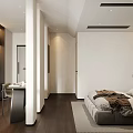 Modern Minimalist Bedroom Interior With Gray Bed Headboard Nightstands Carpet And Decorative Painting